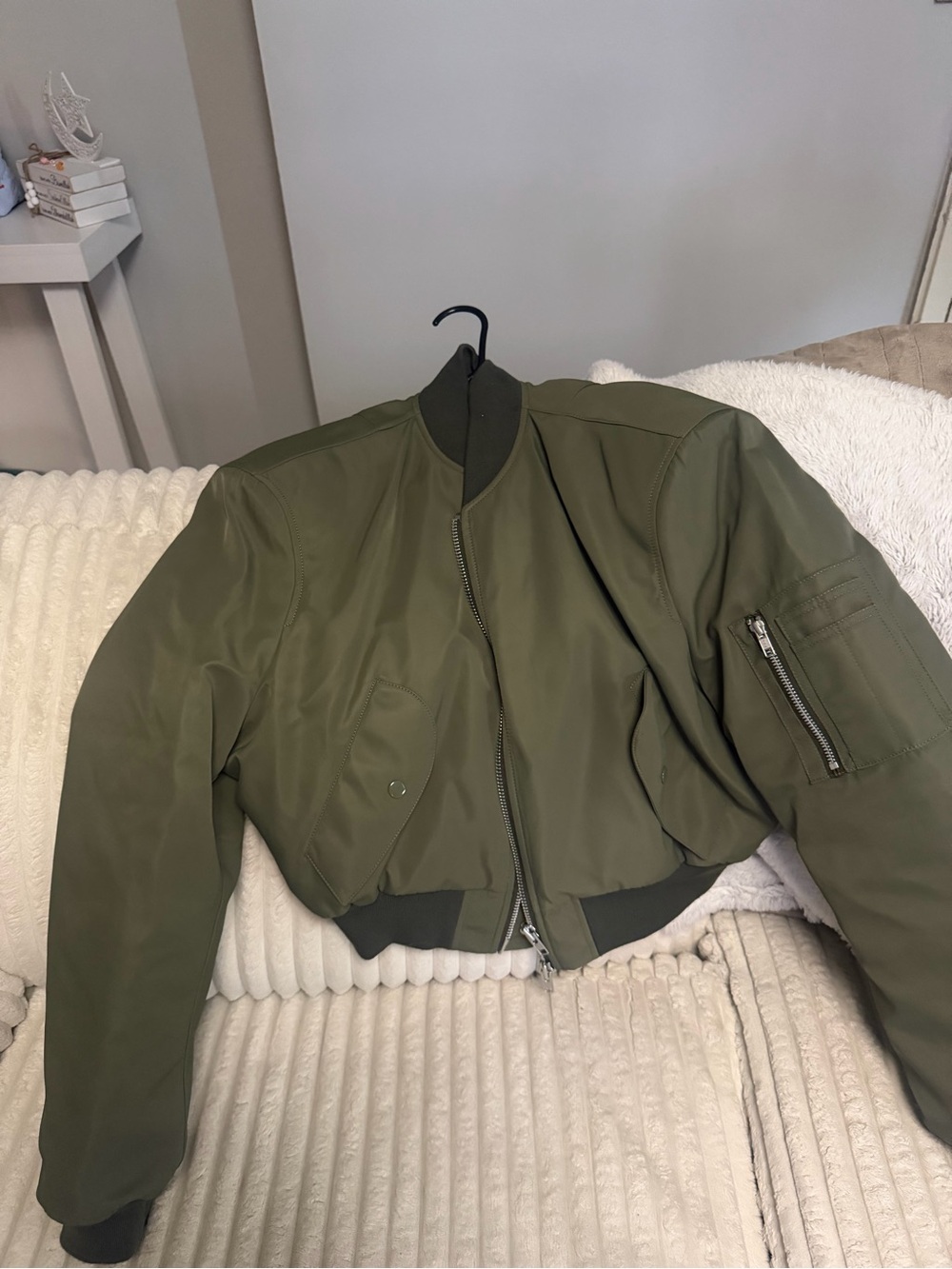 The Frankie Shop Olive Green Cropped Bomber Jacket